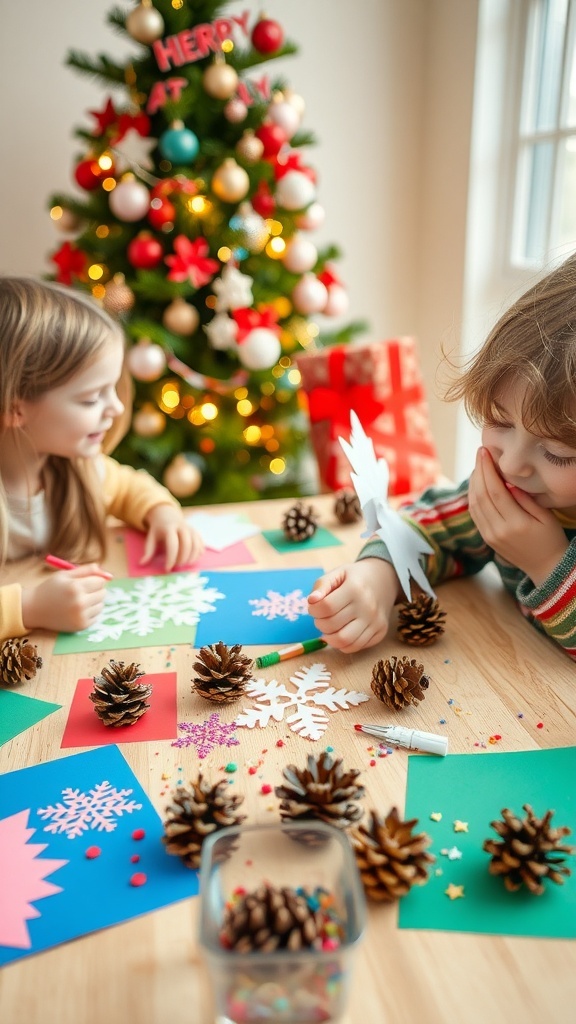 Children making DIY Christmas decorations with paper, pinecones, and glitter on a crafting table.